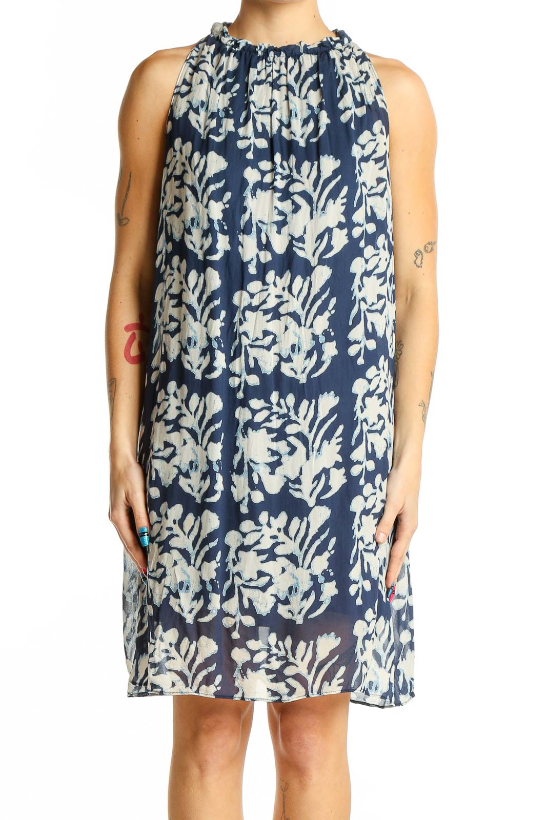 Front view of Bailey 44 navy floral print sleeveless shift dress