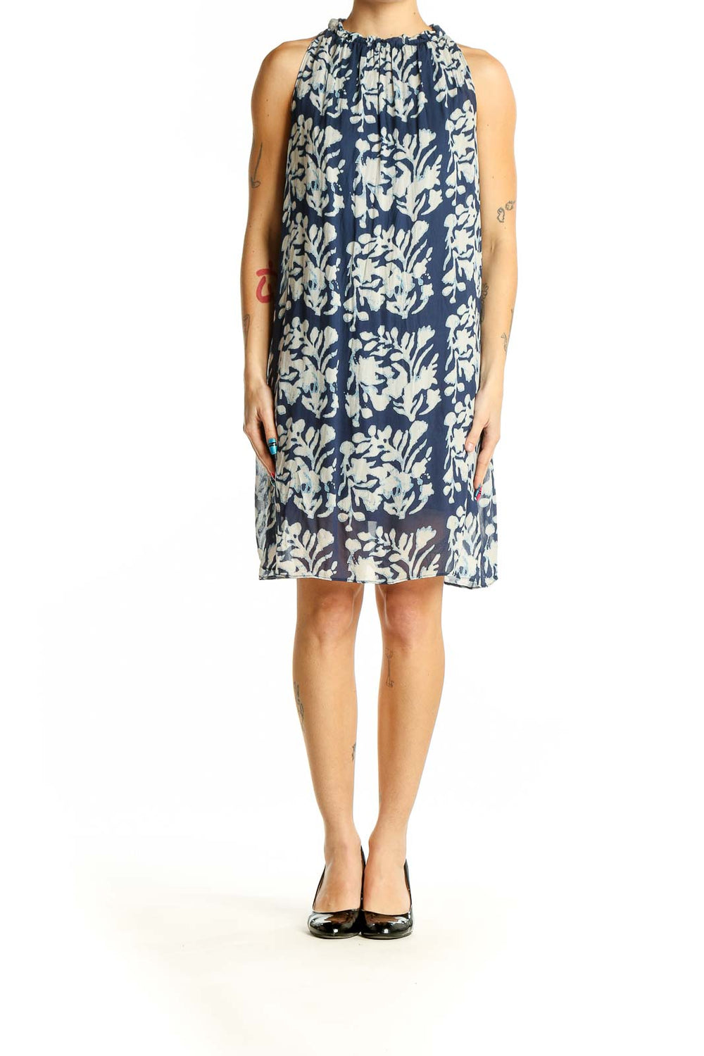 Front view of Bailey 44 navy floral print sleeveless shift dress