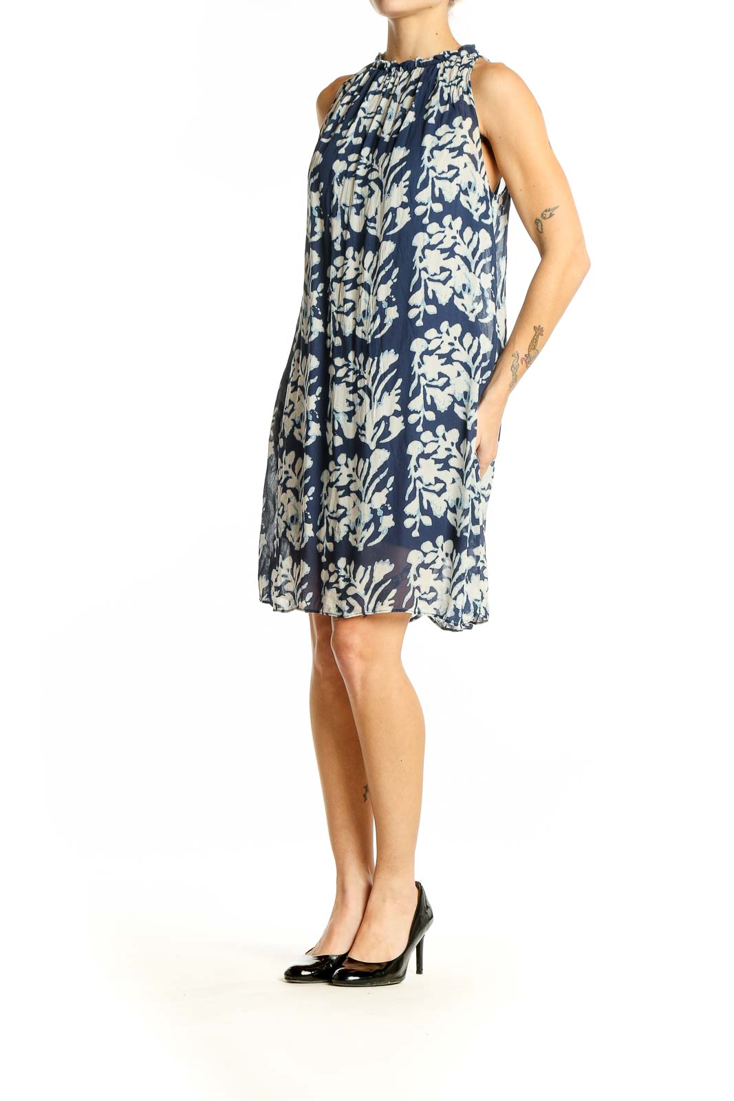 Front view of Bailey 44 navy floral print sleeveless shift dress