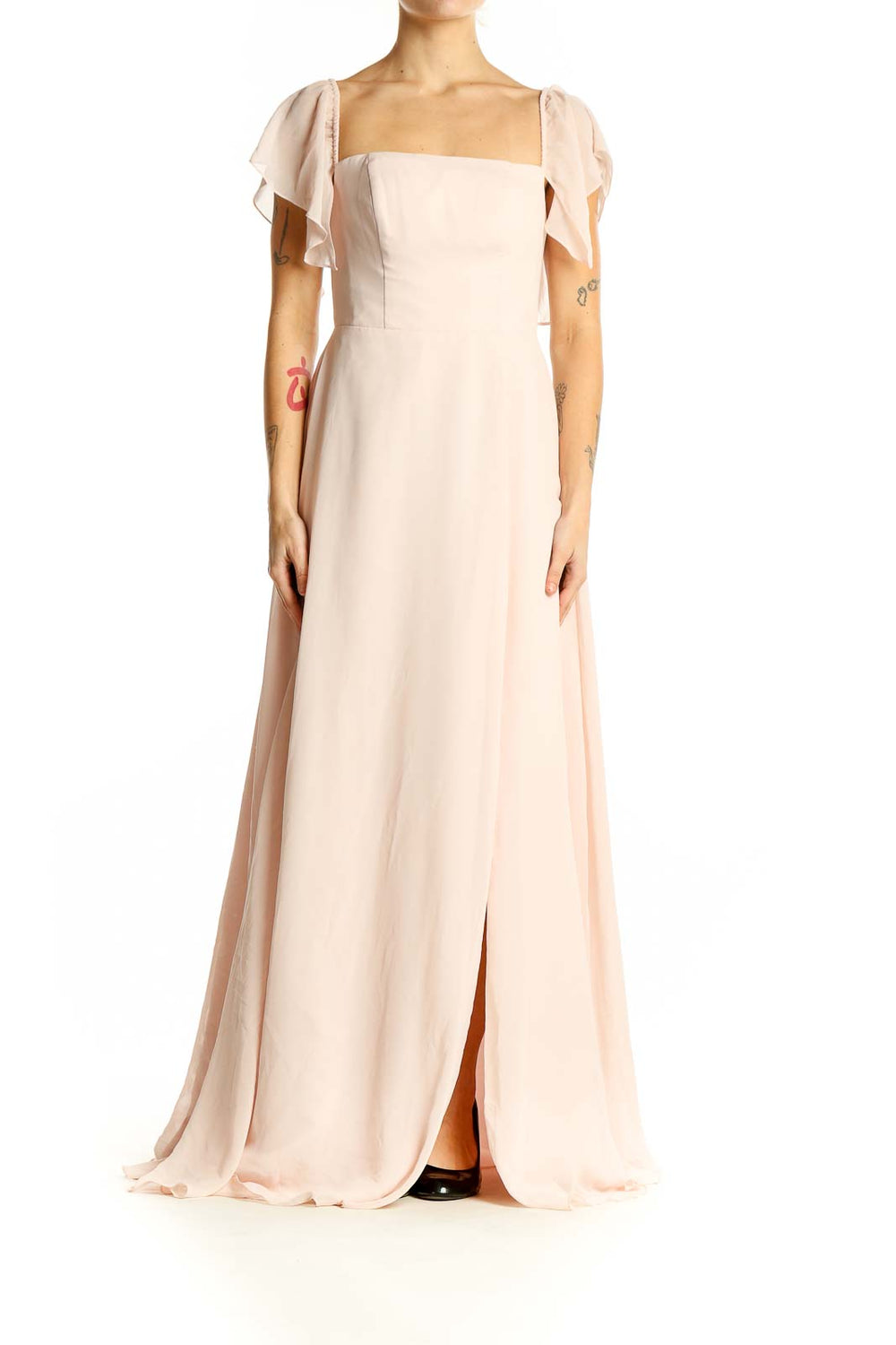 Front view of AZAZIE blush maxi dress with flutter sleeves and front slit