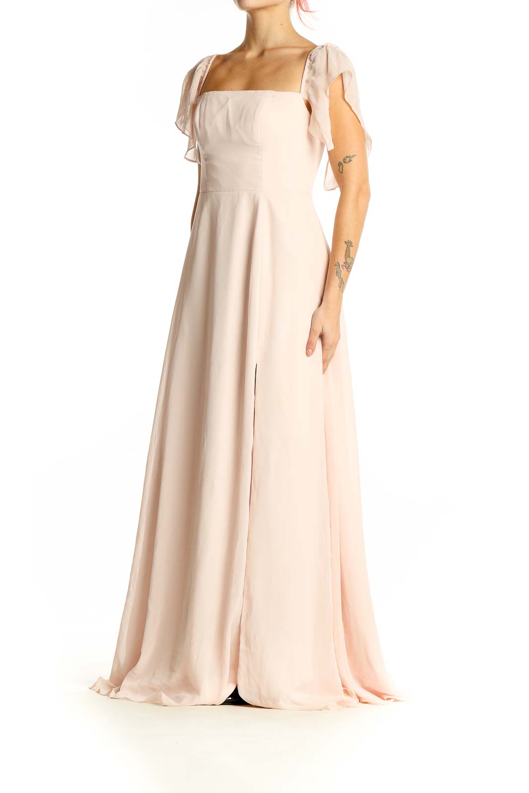 Front view of AZAZIE blush maxi dress with flutter sleeves and front slit