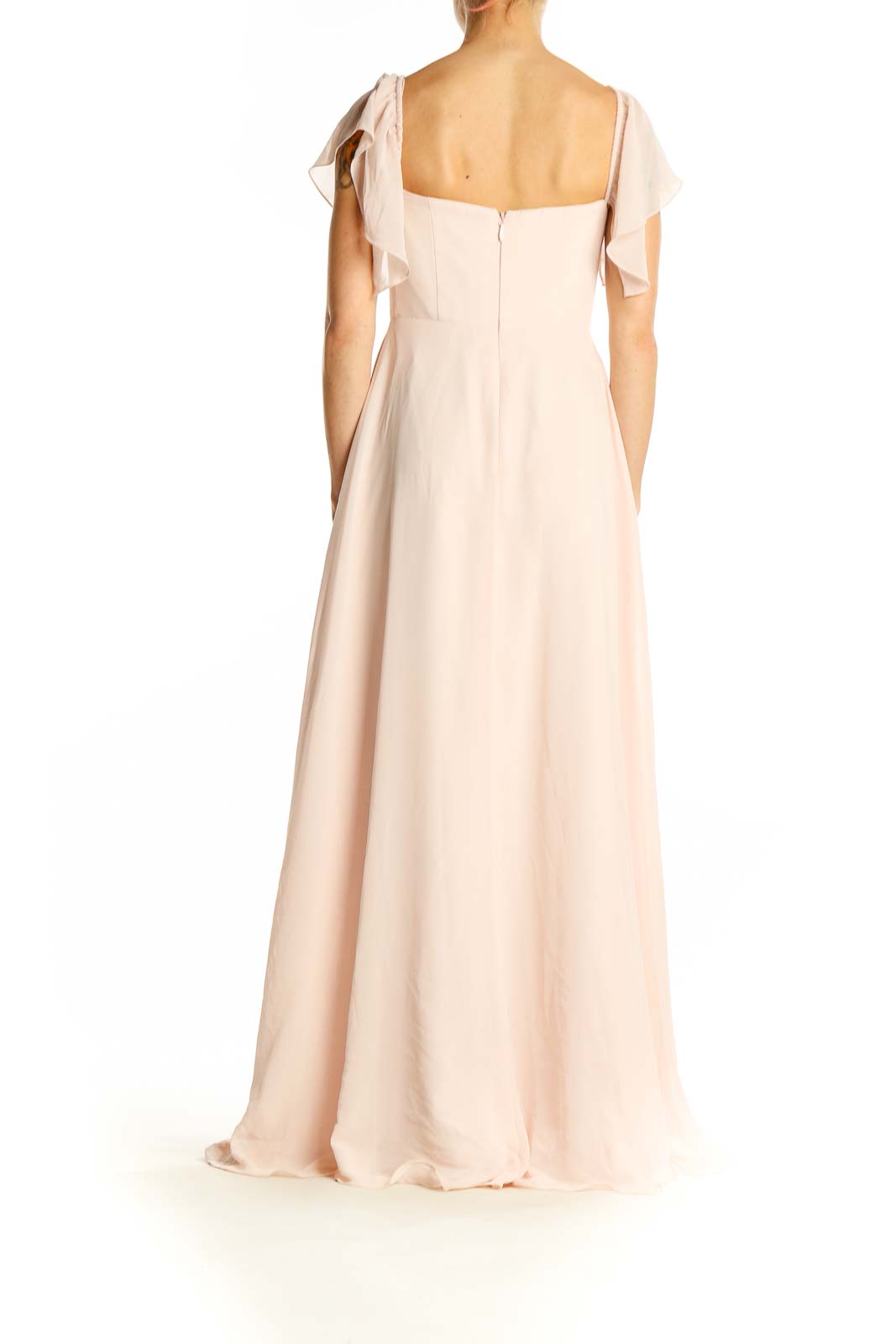 Back view of AZAZIE blush maxi dress showing elegant drape and fit