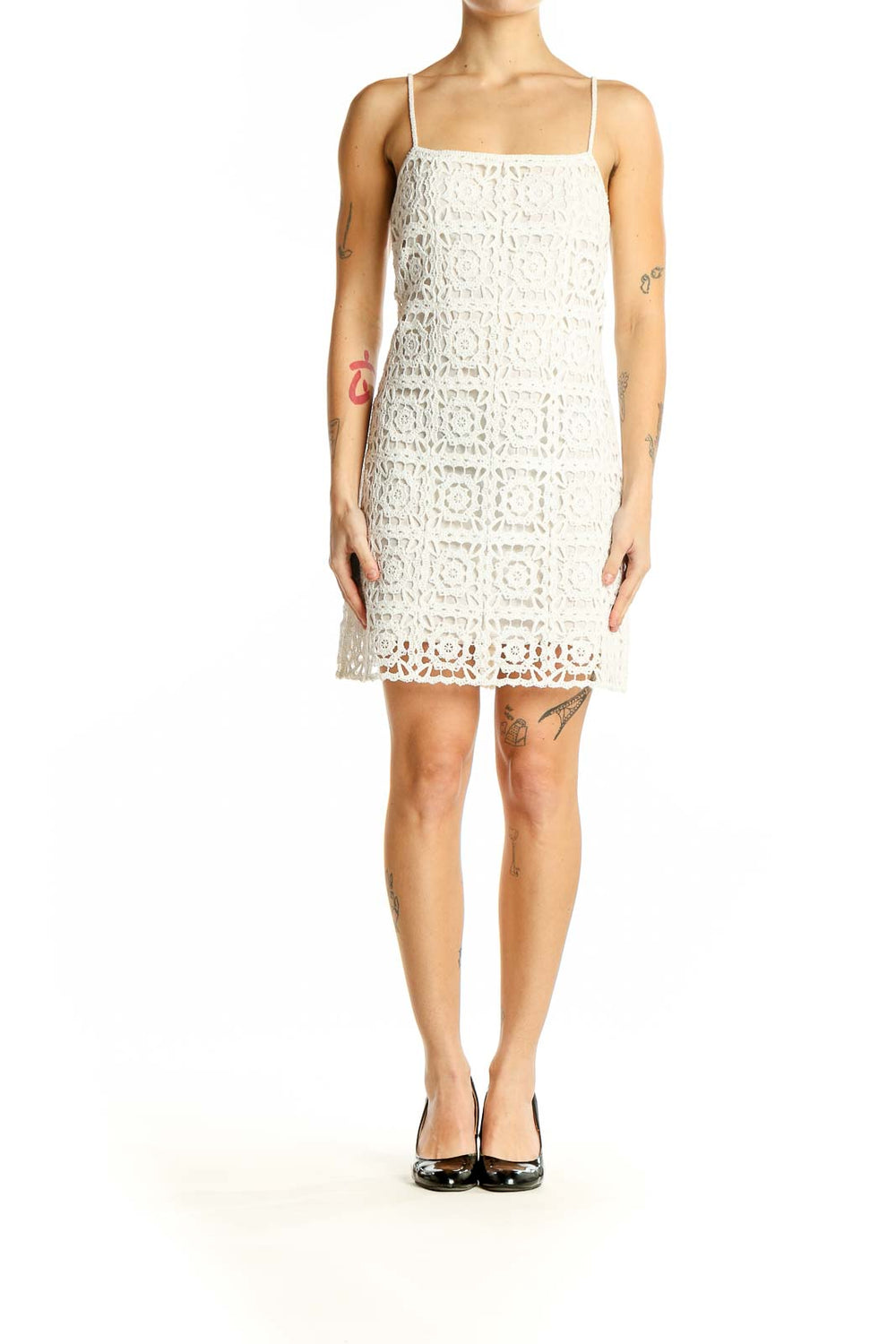 Front view of Zara white crochet lace mini dress with spaghetti straps