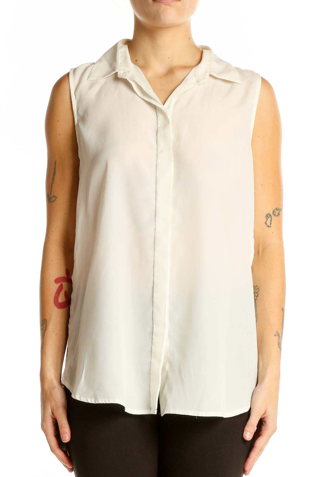 Front view of white sleeveless J.Crew blouse with collar