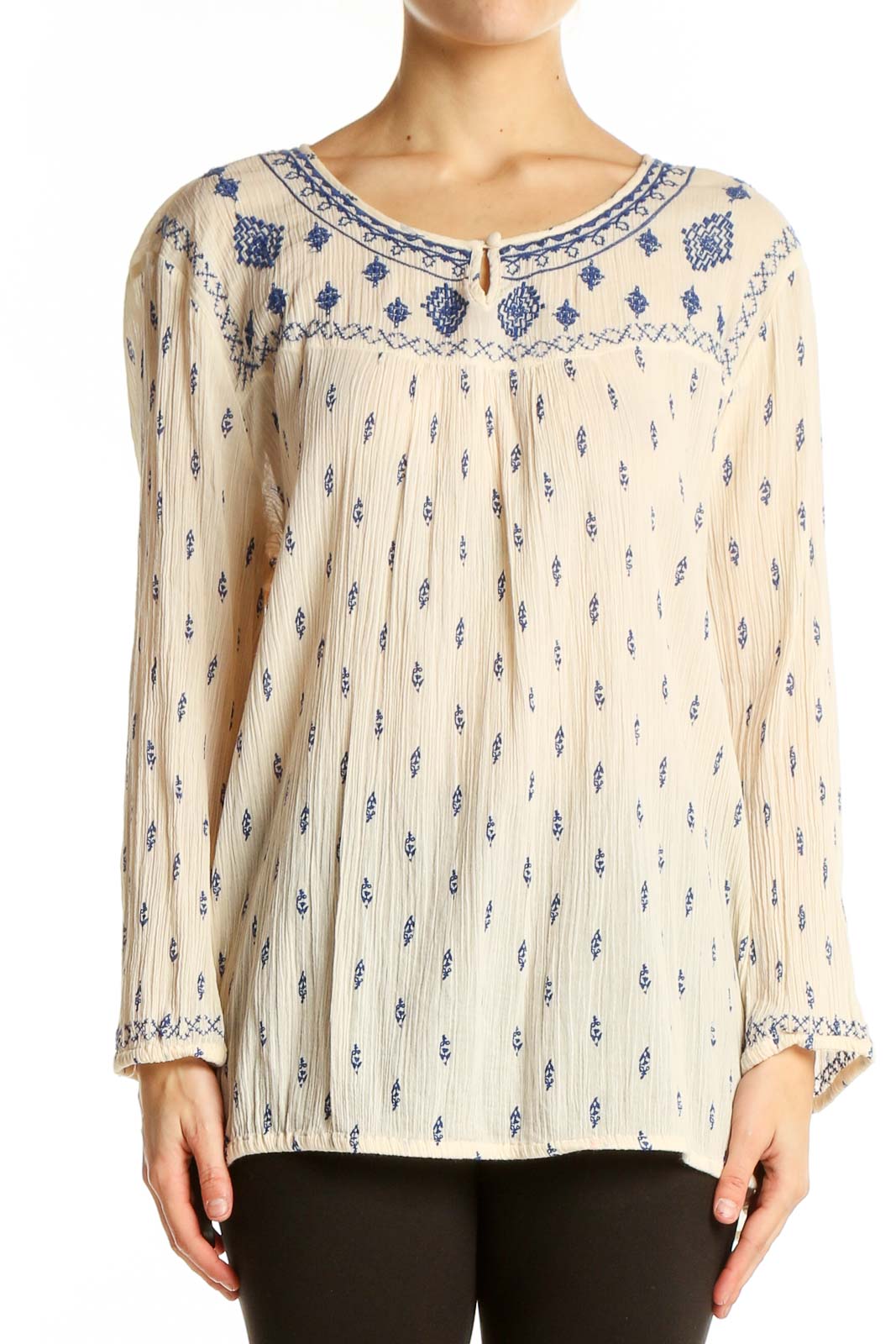 Front view of cream Lucky Brand embroidered cotton peasant top