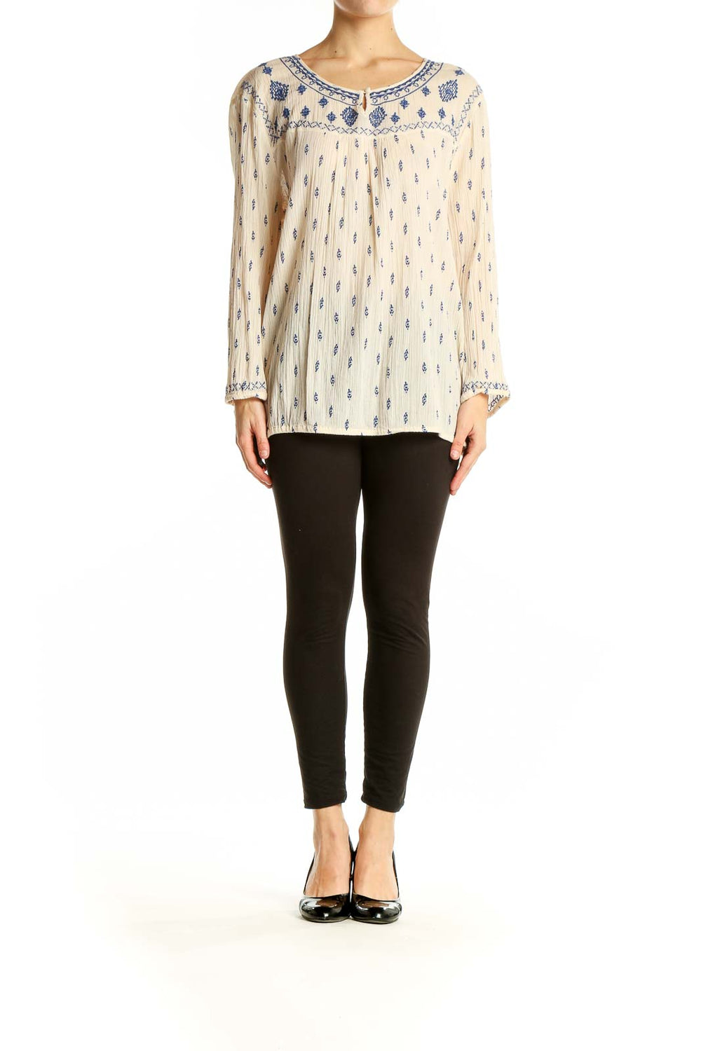 Front view of cream Lucky Brand embroidered cotton peasant top