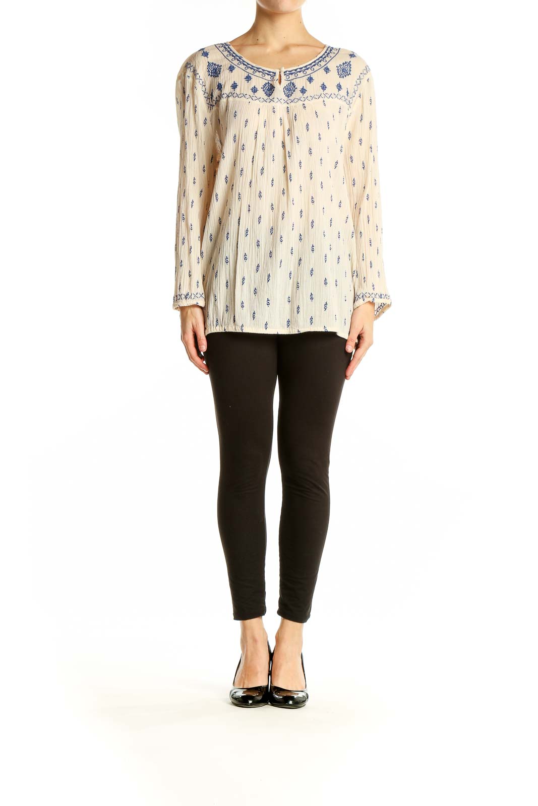 Front view of cream Lucky Brand embroidered cotton peasant top