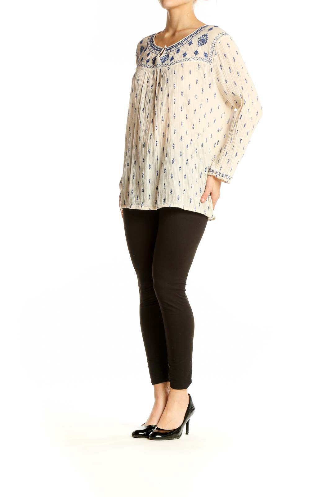 Front view of cream Lucky Brand embroidered cotton peasant top