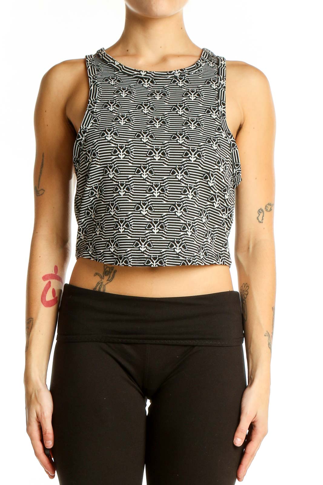 Front view of Zara Black and White Striped Crop Top with geometric star pattern