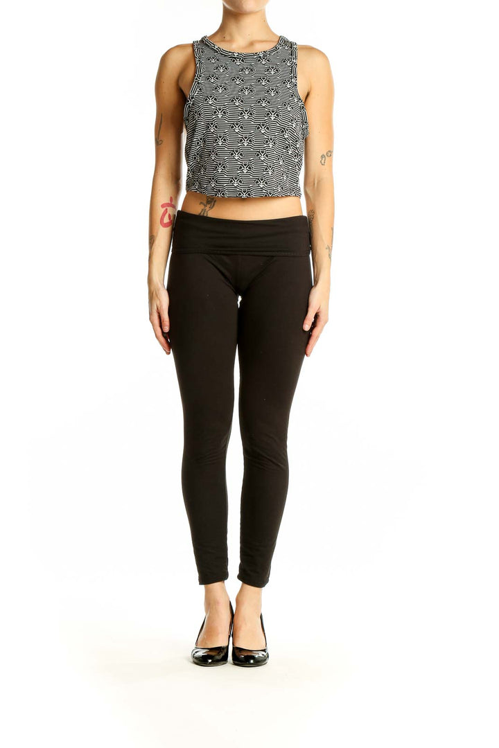 Front view of Zara Black and White Striped Crop Top with geometric star pattern