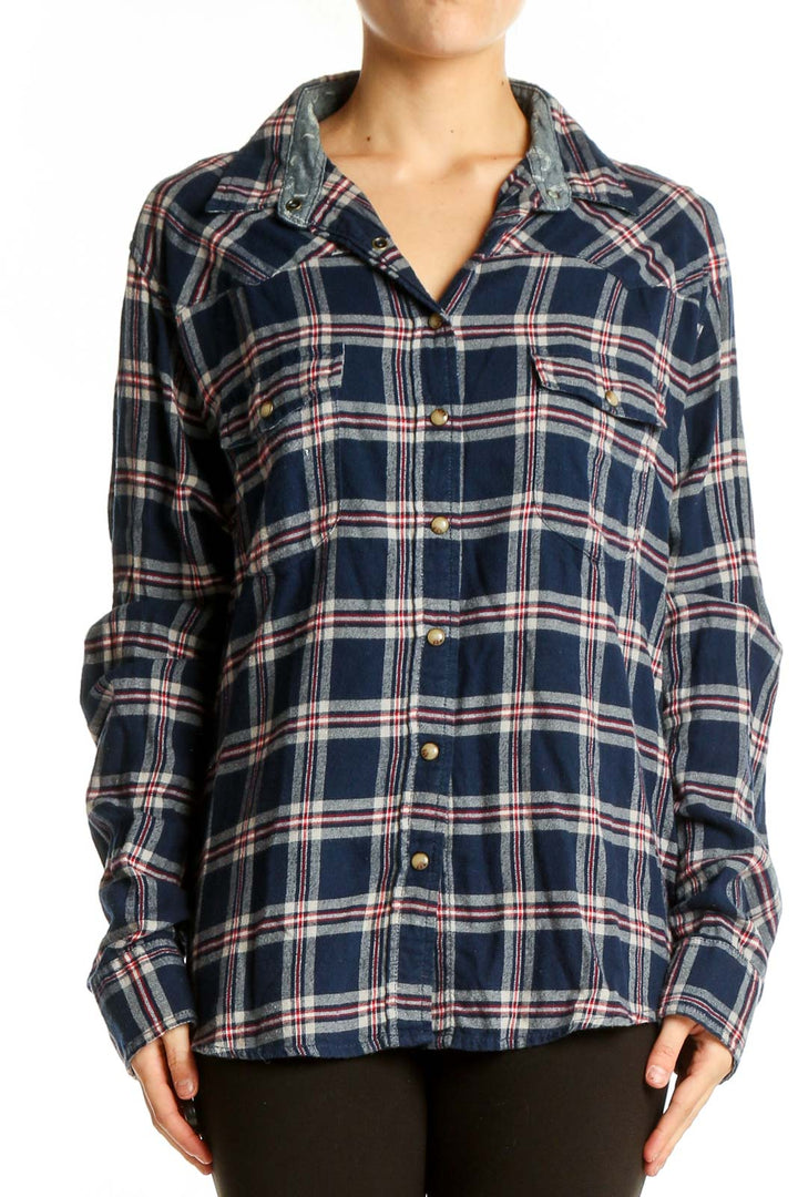 Front view of Jachs Girlfriend navy plaid cotton button-up shirt