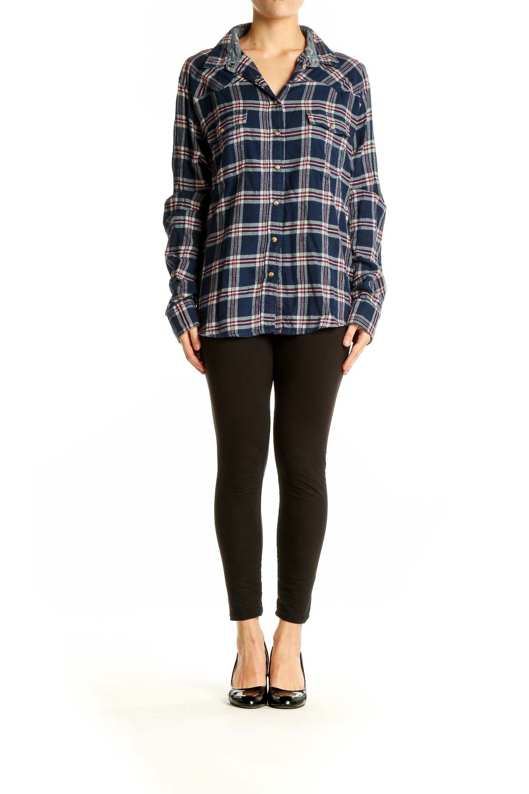 Front view of Jachs Girlfriend navy plaid cotton button-up shirt