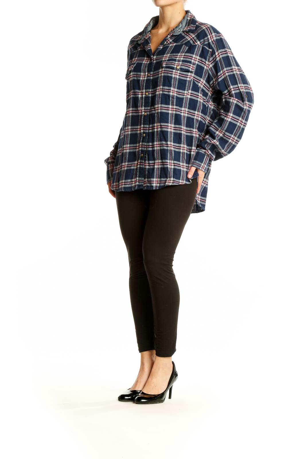 Front view of Jachs Girlfriend navy plaid cotton button-up shirt