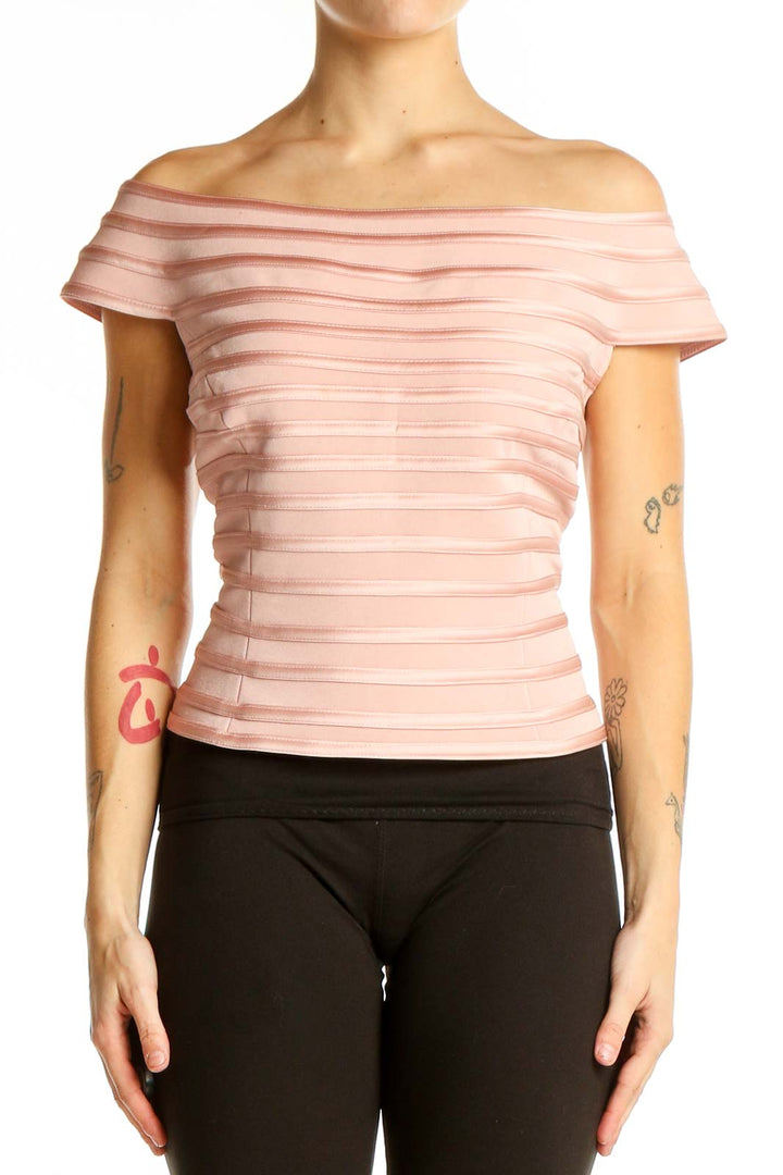 Front view of JS Collections pink striped off-shoulder top