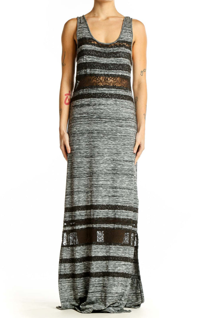 Front view of Free People gray striped maxi dress with lace insets