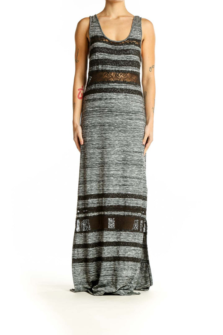 Front view of Free People gray striped maxi dress with lace insets