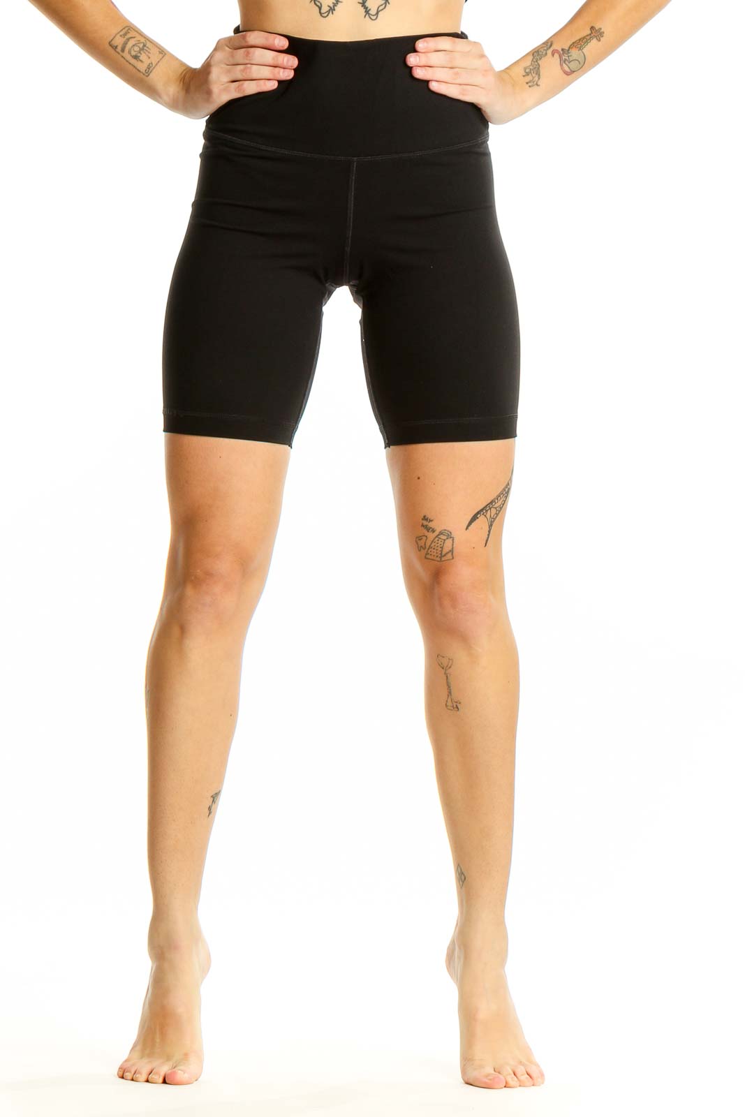 Front view of black high-waisted biker shorts from Everlane