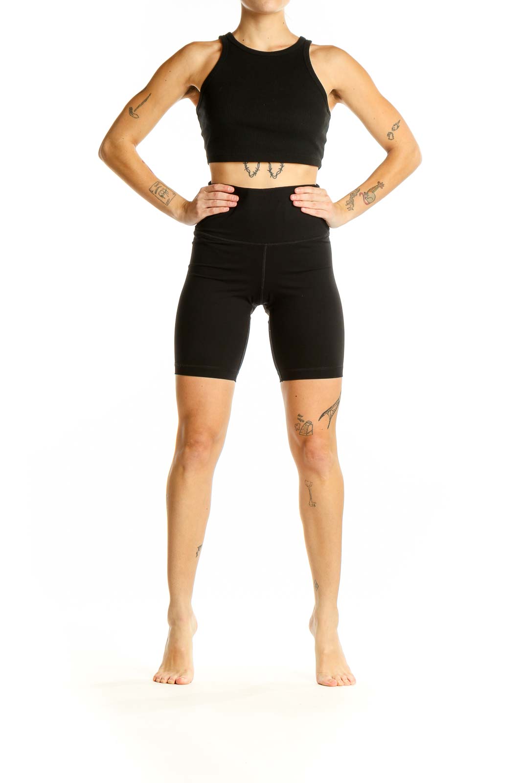 Front view of black high-waisted biker shorts from Everlane