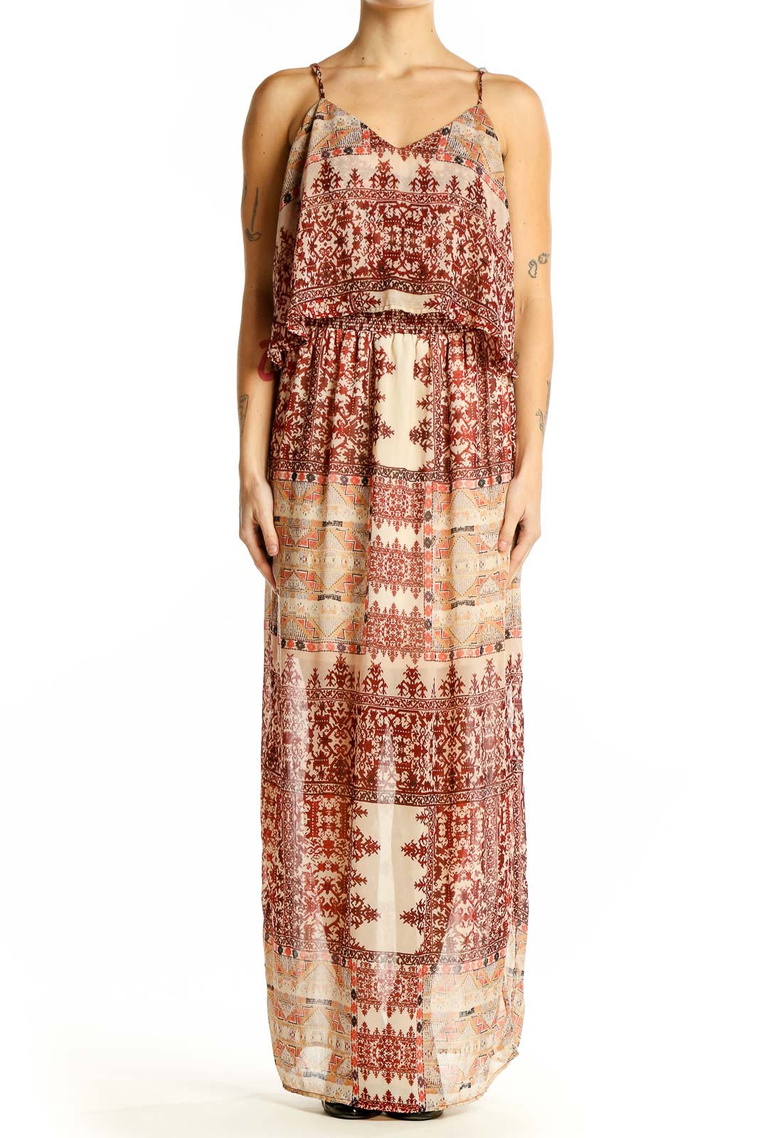 Front view of SilkRoll burgundy floral maxi dress with layered bodice