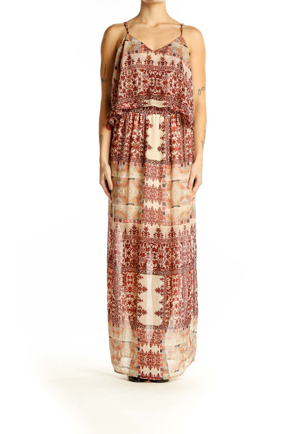 Front view of SilkRoll burgundy floral maxi dress with layered bodice