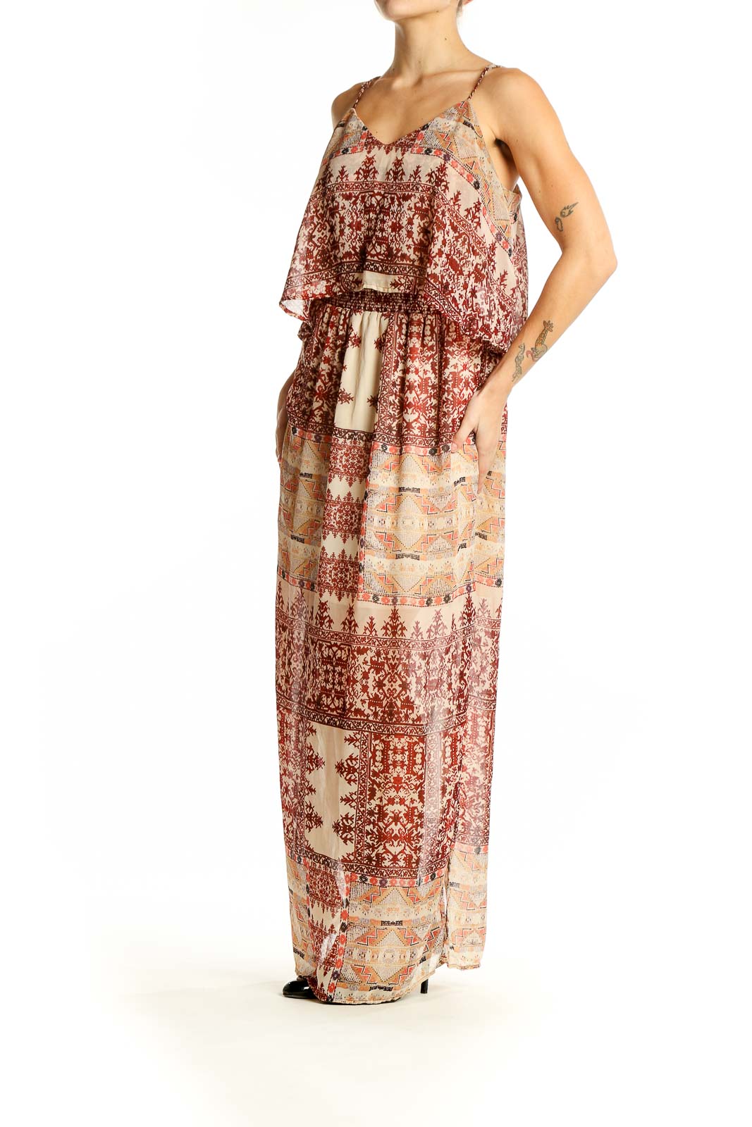 Front view of SilkRoll burgundy floral maxi dress with layered bodice