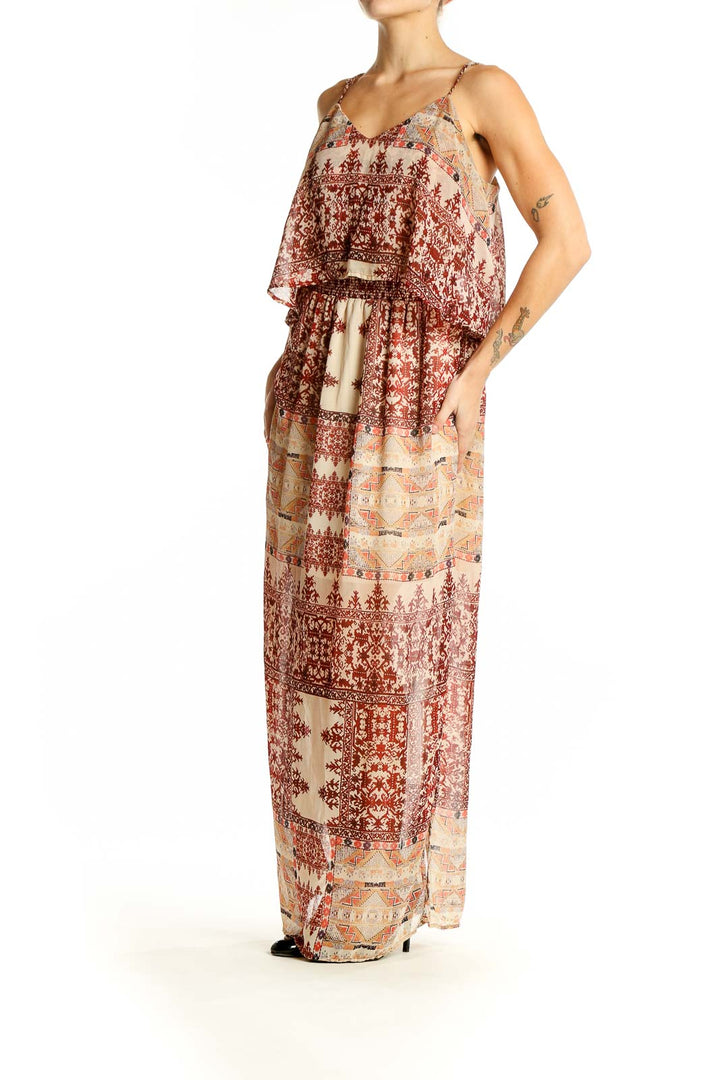 Front view of SilkRoll burgundy floral maxi dress with layered bodice