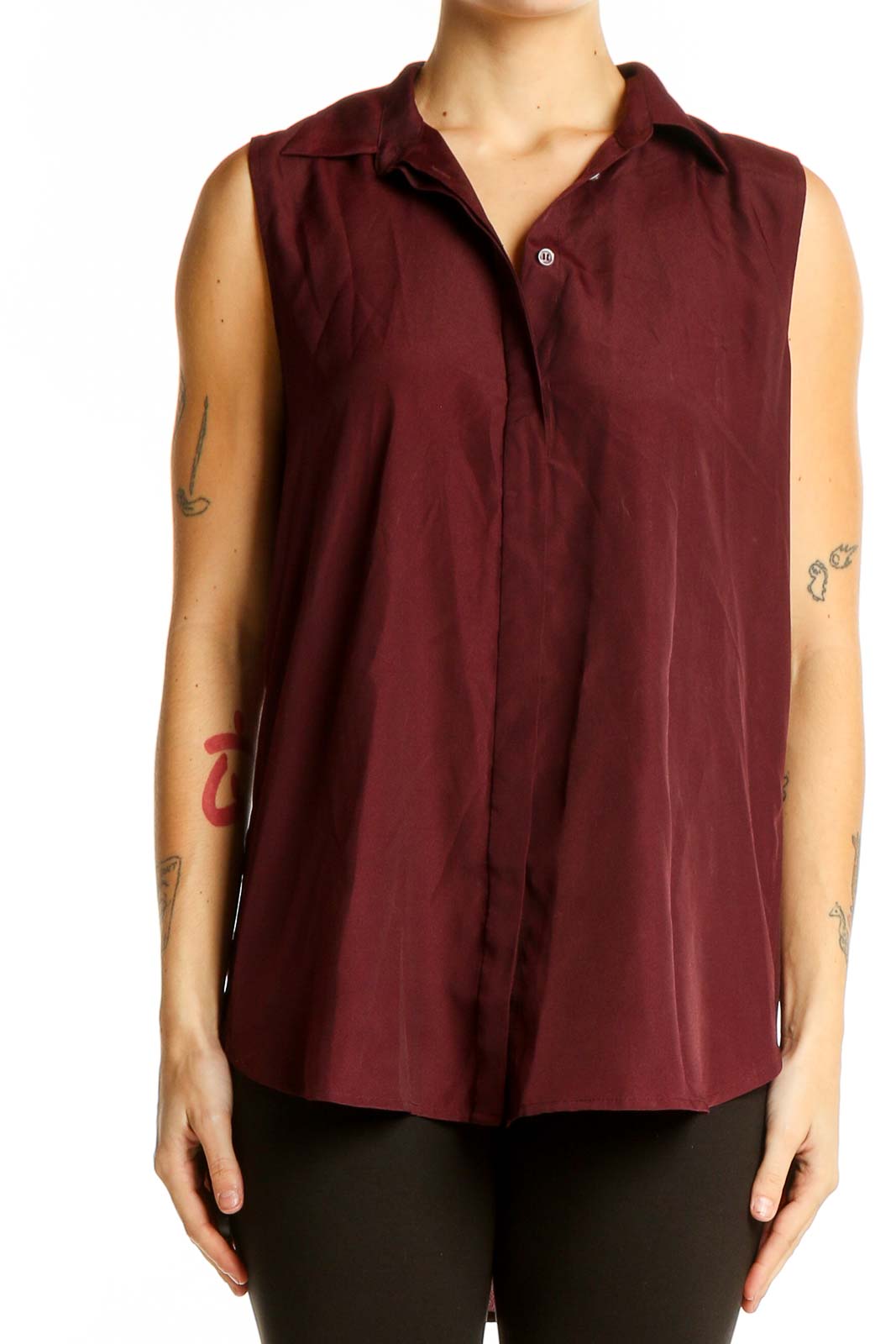 Front view of J.Crew burgundy sleeveless button-down blouse