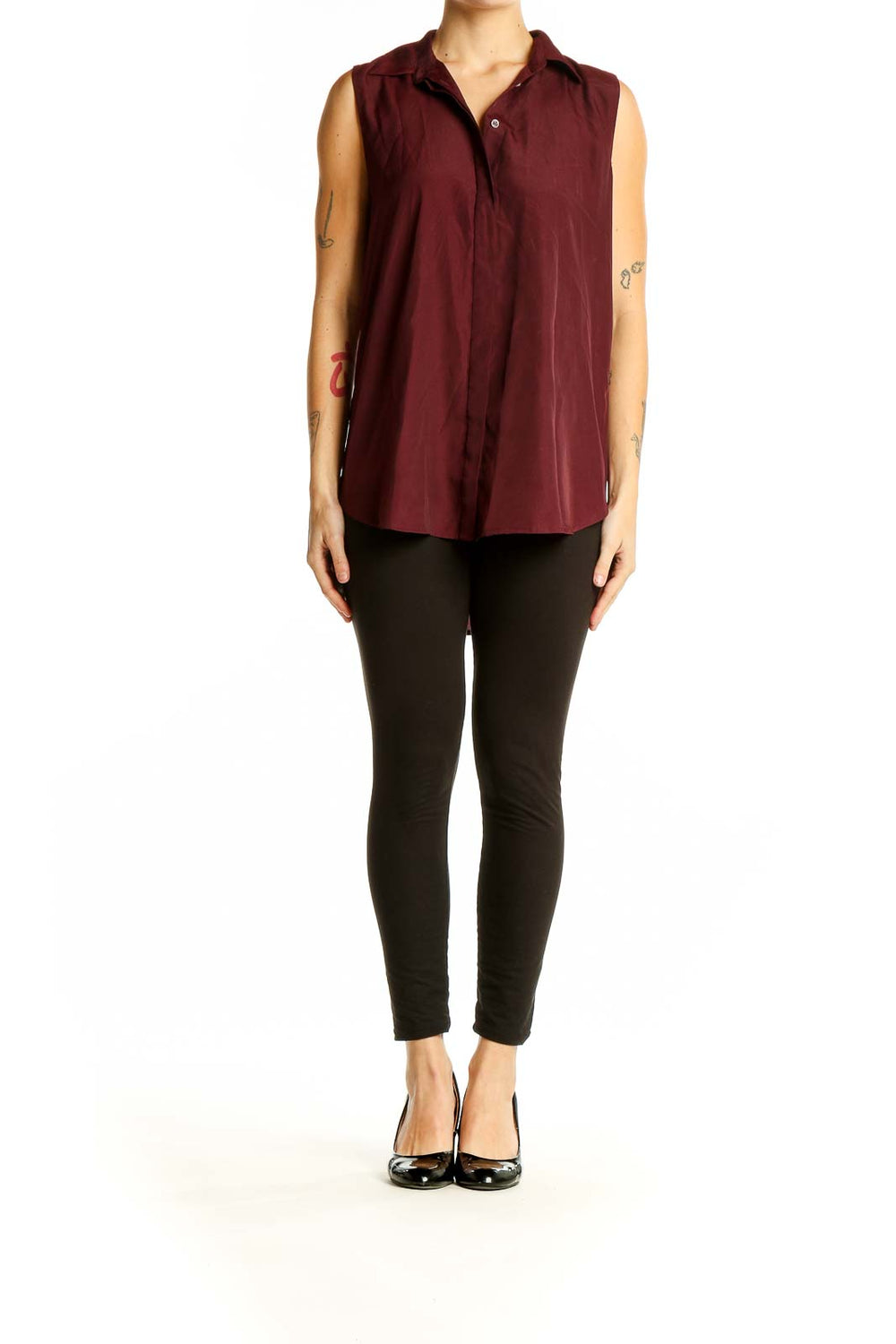 Front view of J.Crew burgundy sleeveless button-down blouse