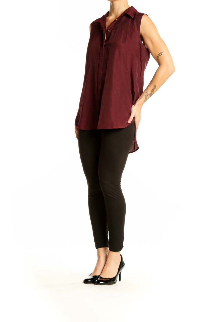 Front view of J.Crew burgundy sleeveless button-down blouse