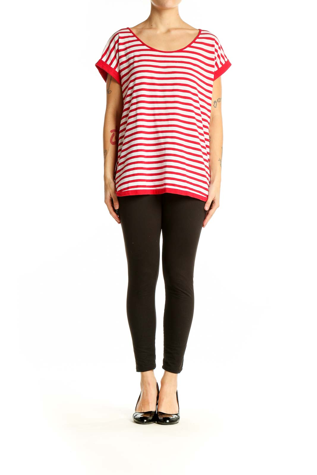 Front view of Liz Claiborne red and white striped short-sleeve top