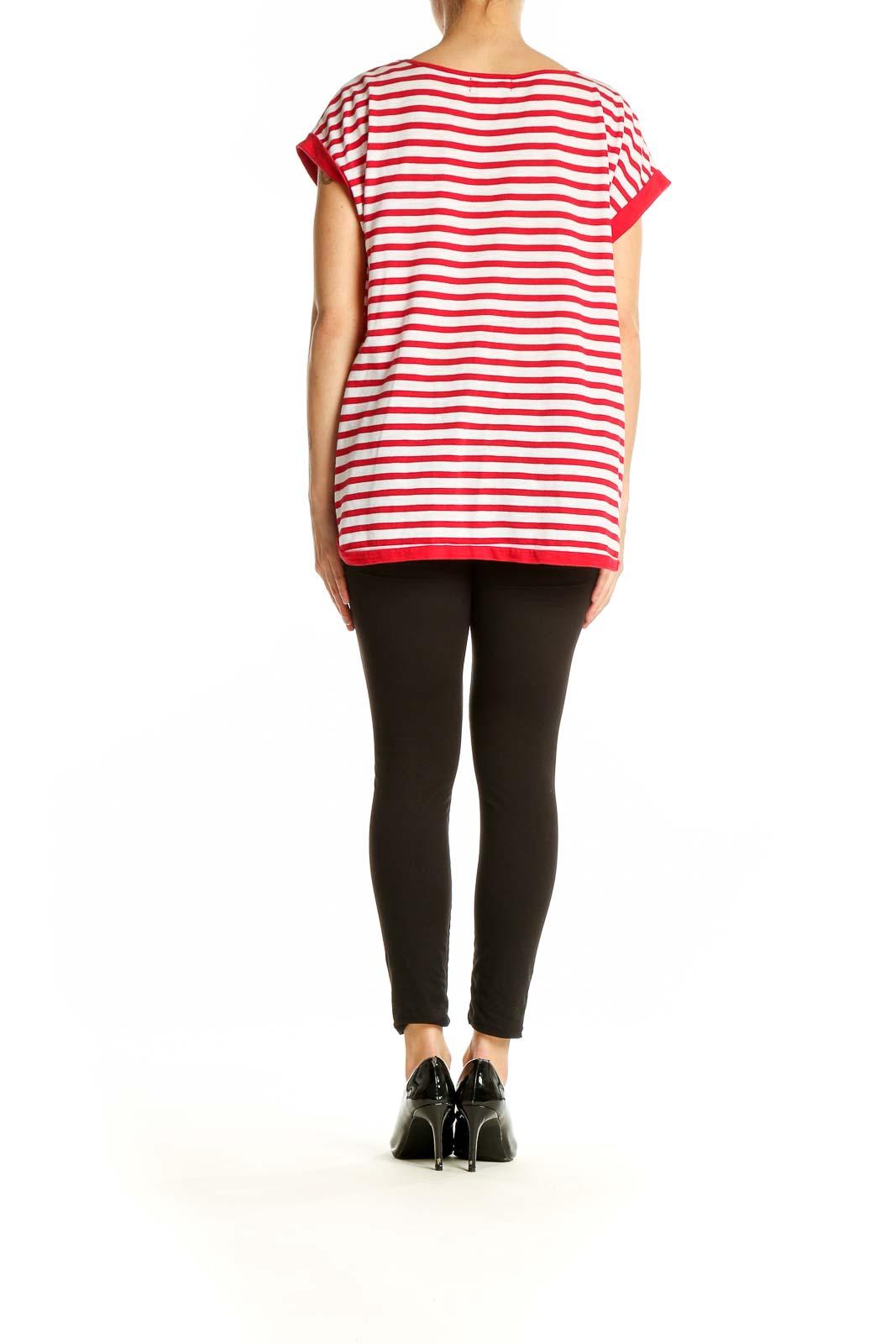 Side view of model wearing Liz Claiborne red and white striped top with black pants