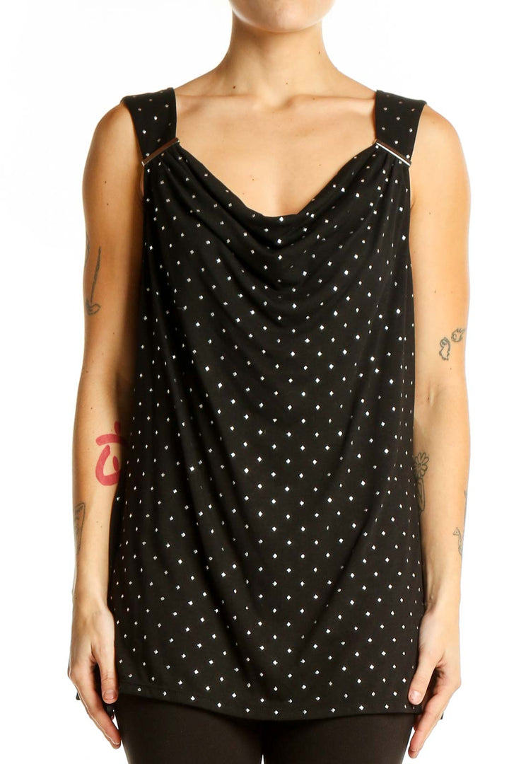 Front view of black polka dot sleeveless top with cowl neck by Venus