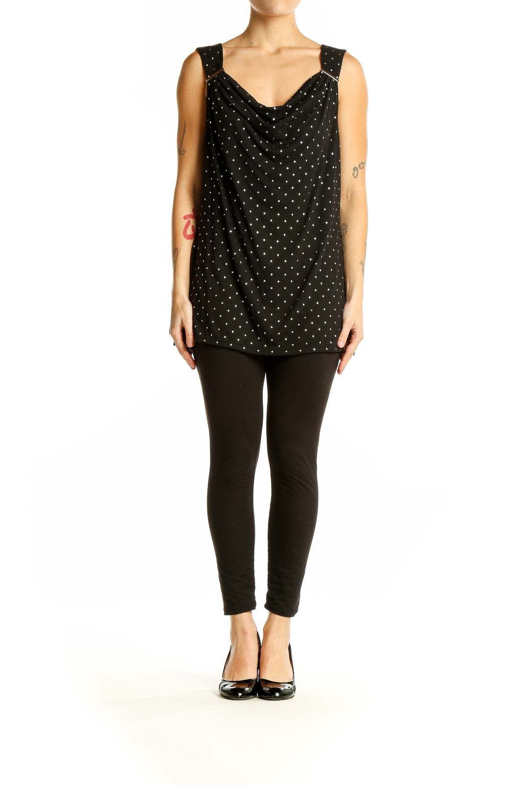 Front view of black polka dot sleeveless top with cowl neck by Venus