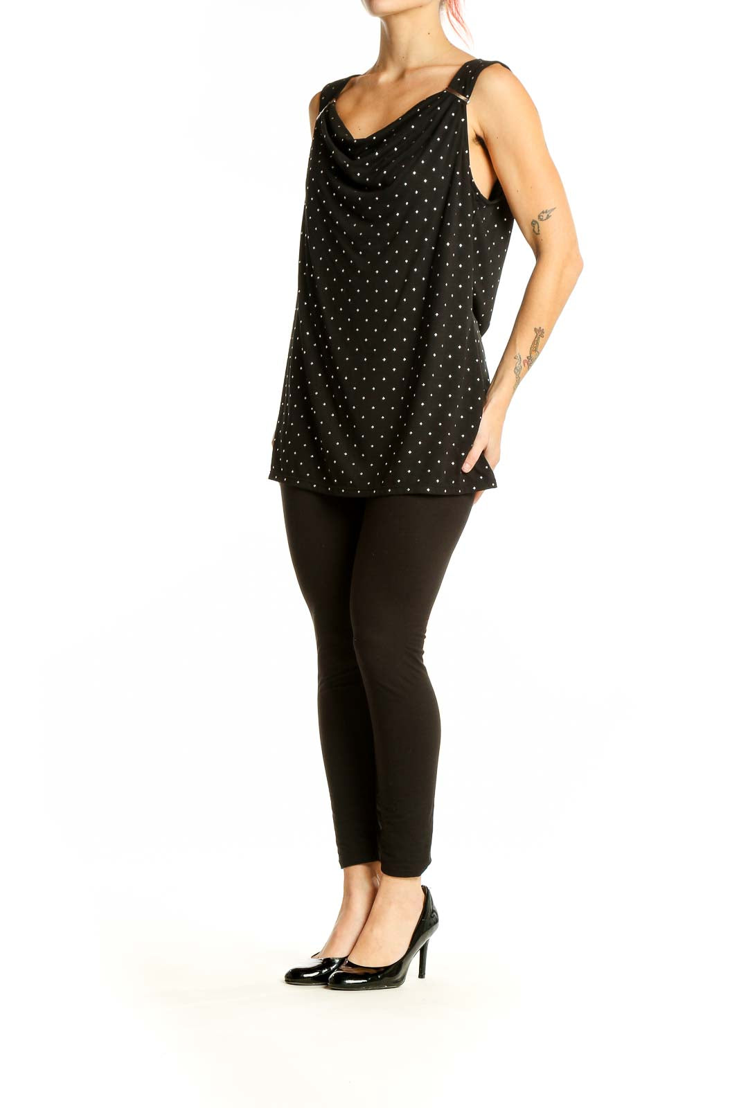 Front view of black polka dot sleeveless top with cowl neck by Venus