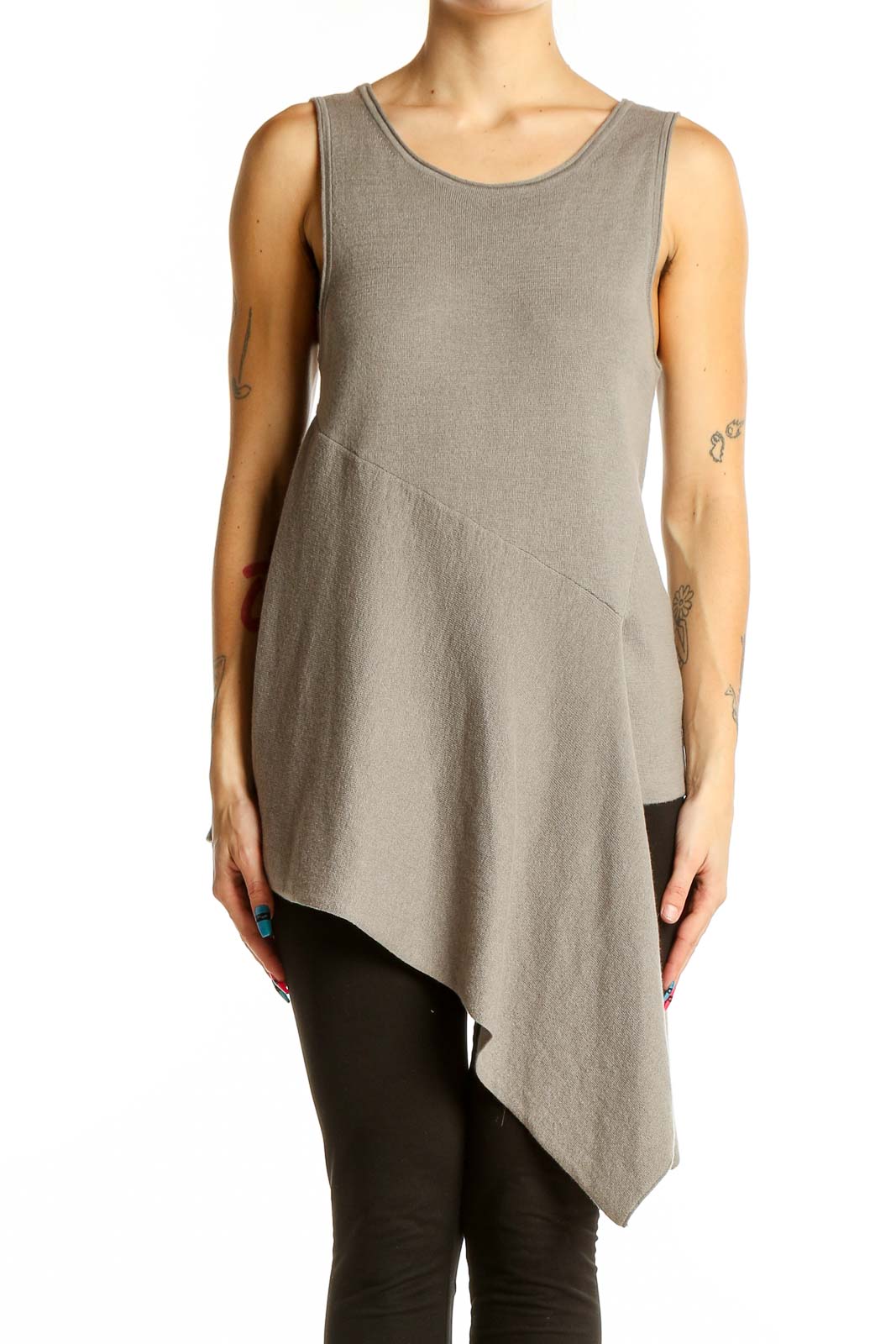 Front view of BROCHU WALKER taupe sleeveless tunic top with asymmetrical hemline