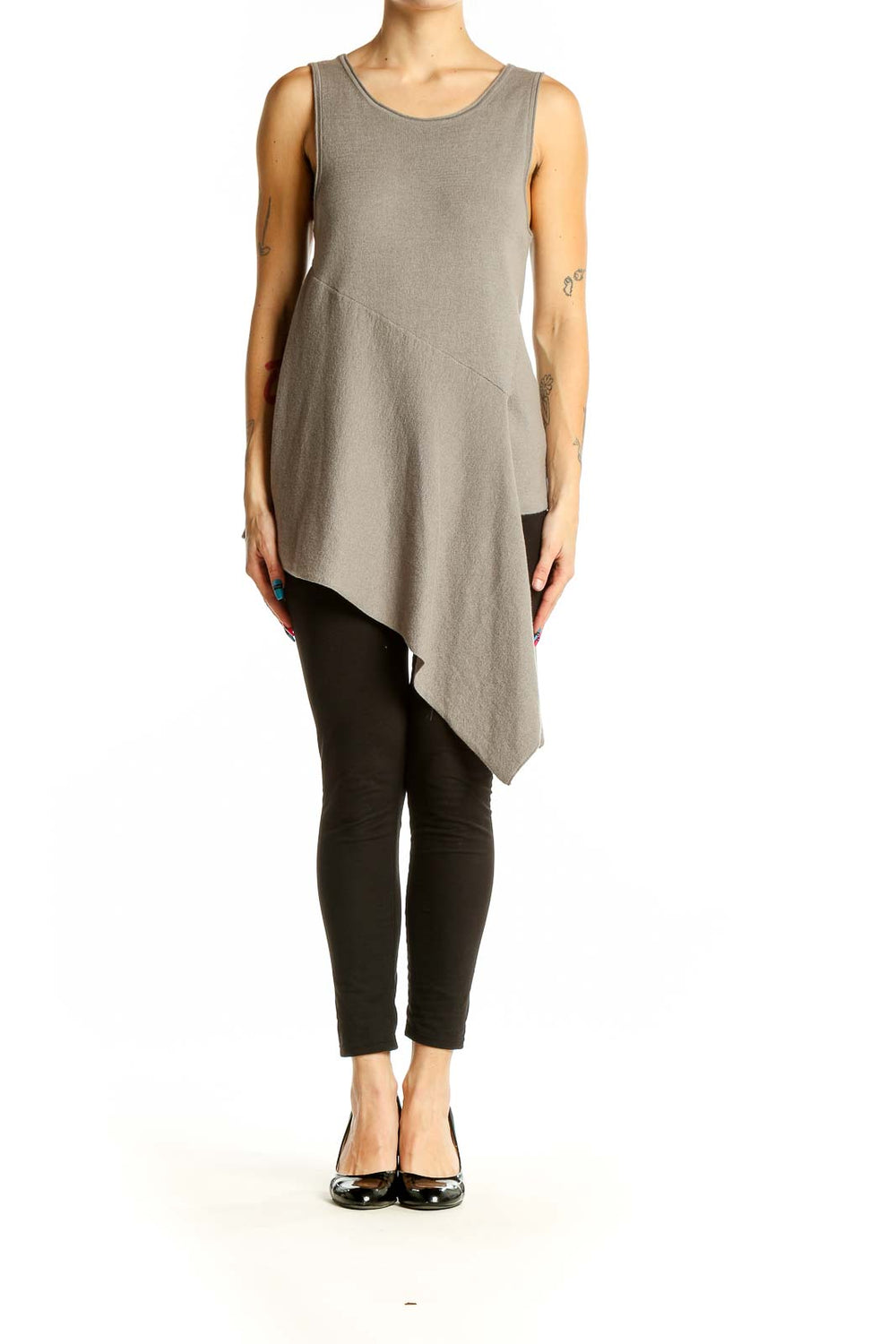 Front view of BROCHU WALKER taupe sleeveless tunic top with asymmetrical hemline