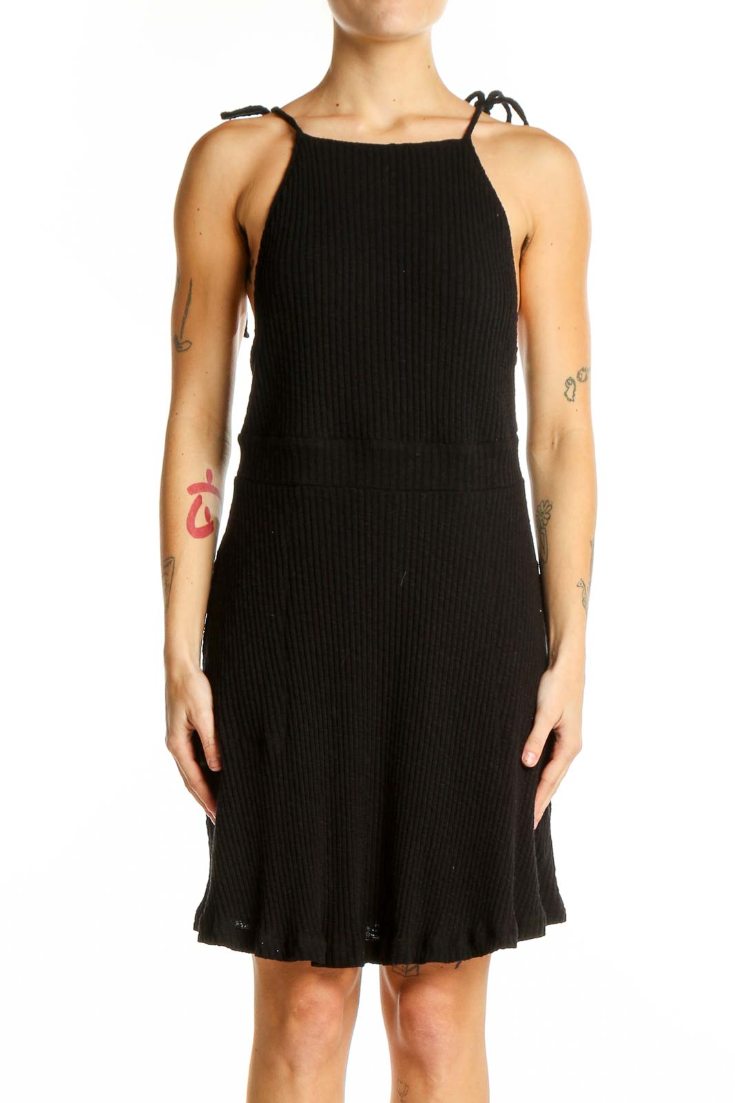 Front view of black textured tie-strap sundress from FP Beach