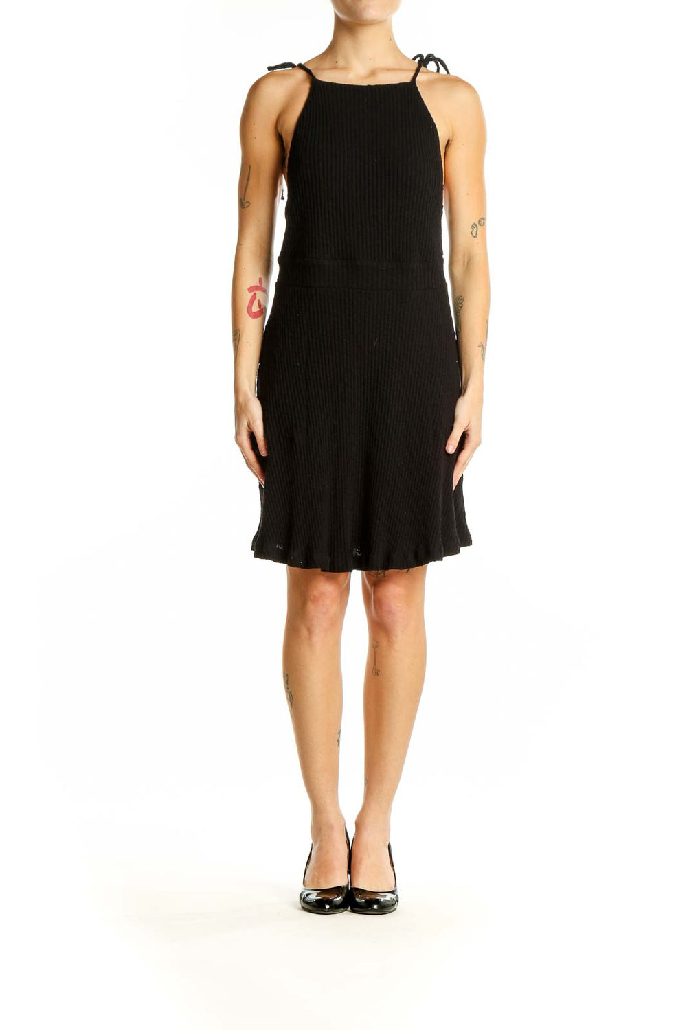 Front view of black textured tie-strap sundress from FP Beach