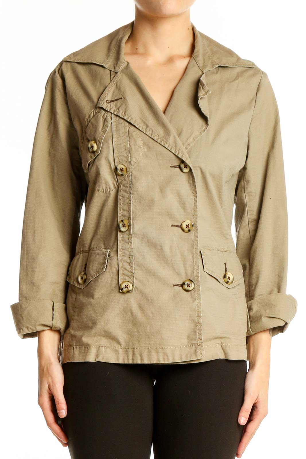 Front view of Cabi khaki double-breasted jacket with gold buttons