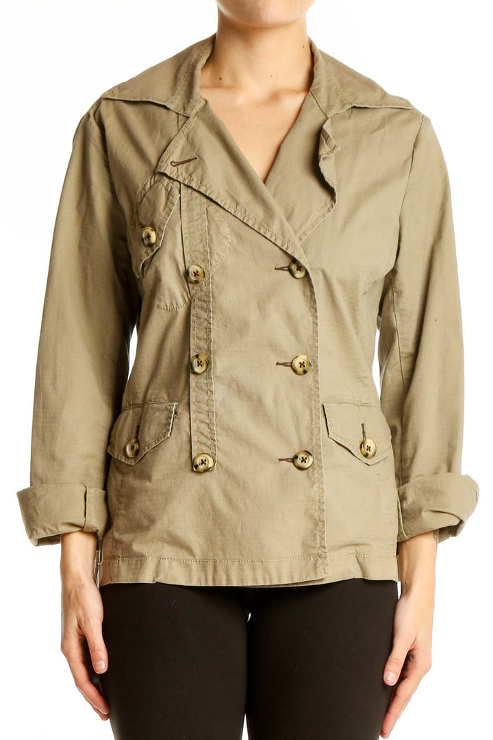 Front view of Cabi khaki double-breasted jacket with gold buttons