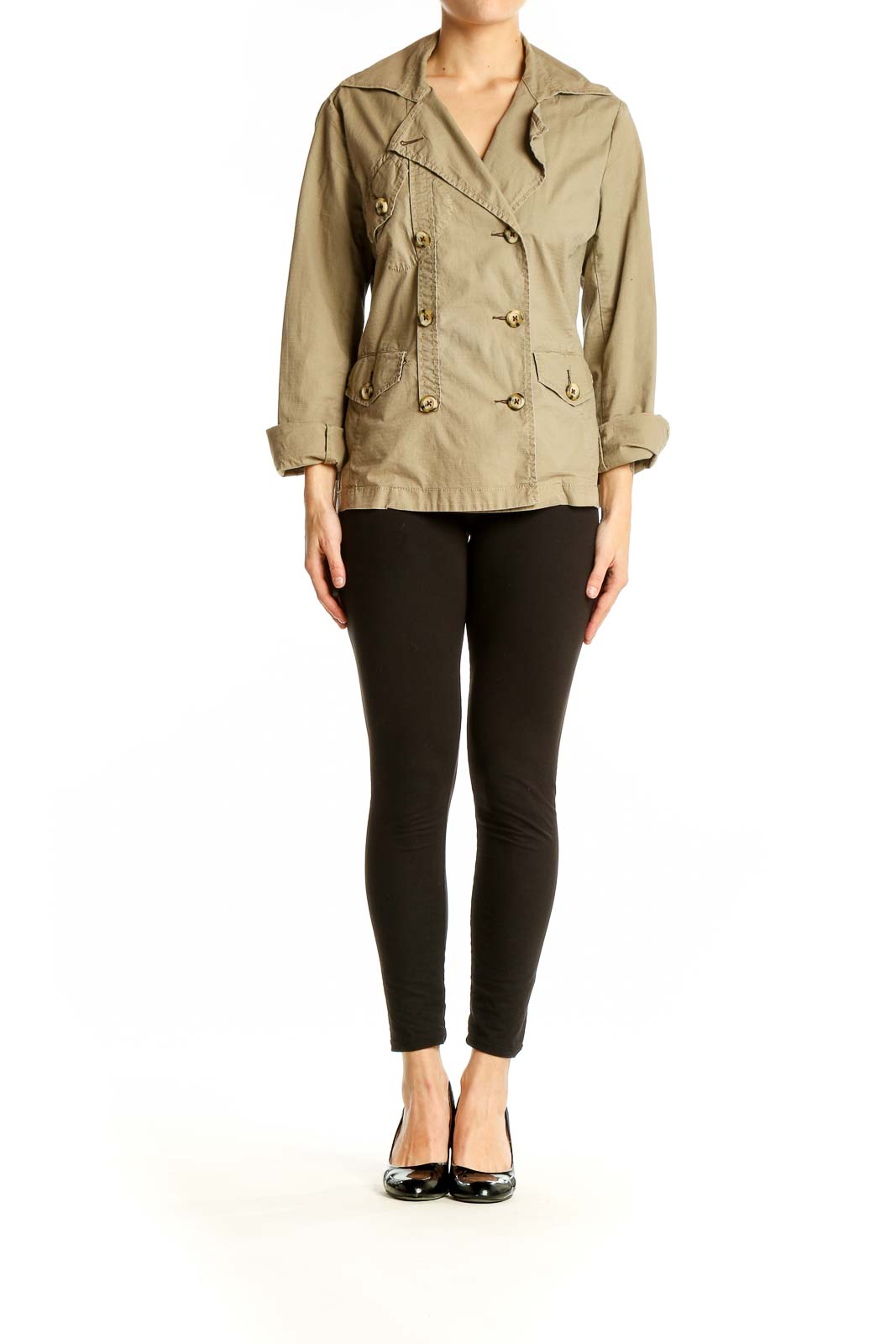 Front view of Cabi khaki double-breasted jacket with gold buttons