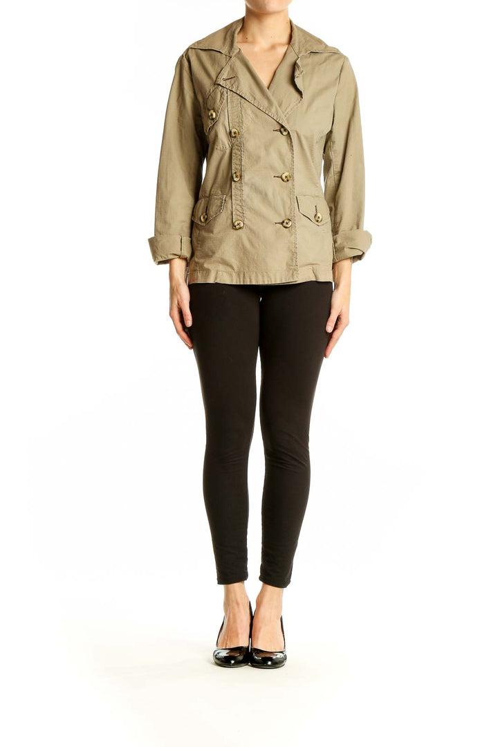 Front view of Cabi khaki double-breasted jacket with gold buttons