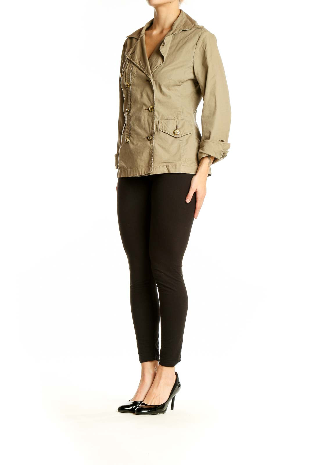 Front view of Cabi khaki double-breasted jacket with gold buttons