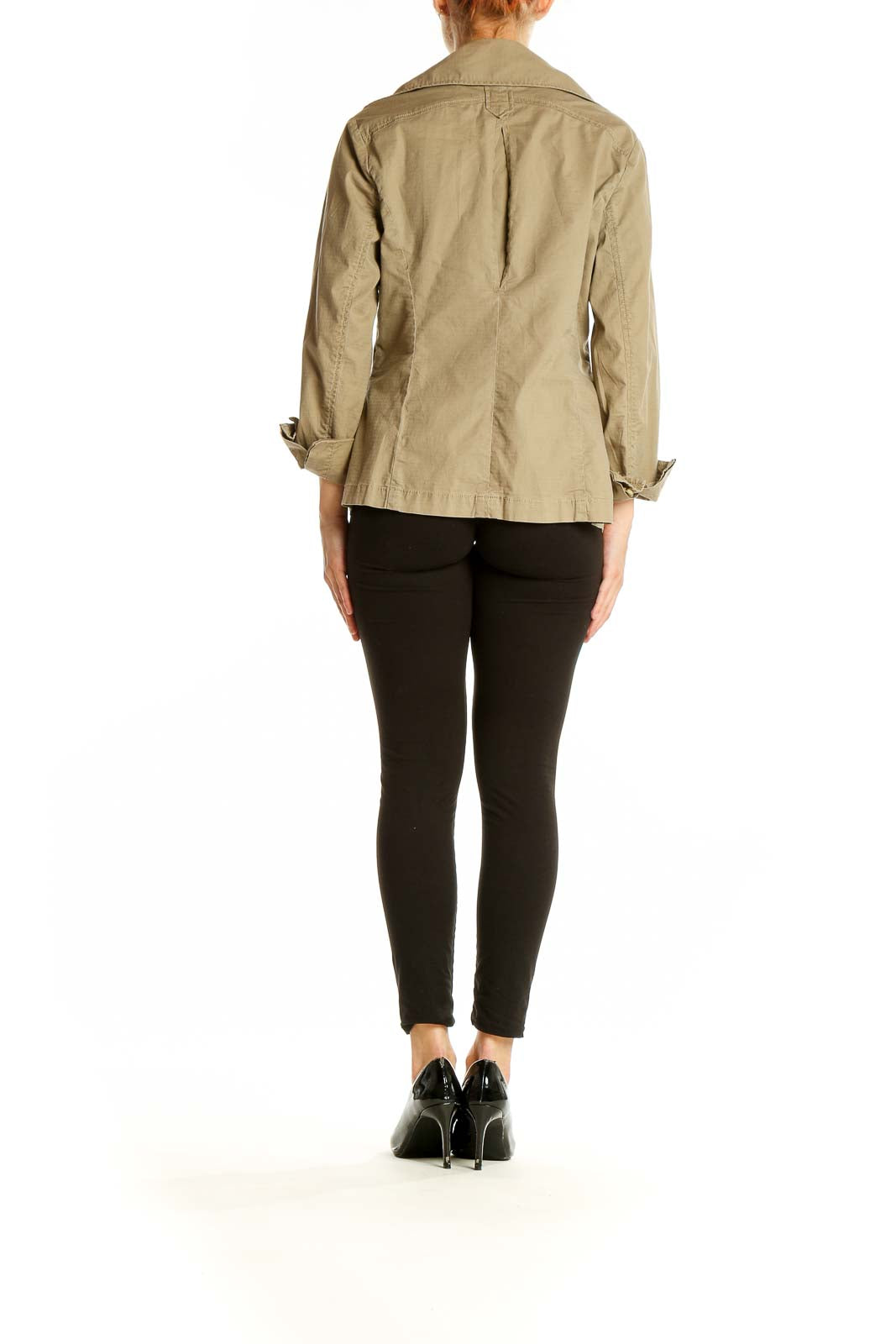 Back view of Cabi khaki double-breasted jacket on model