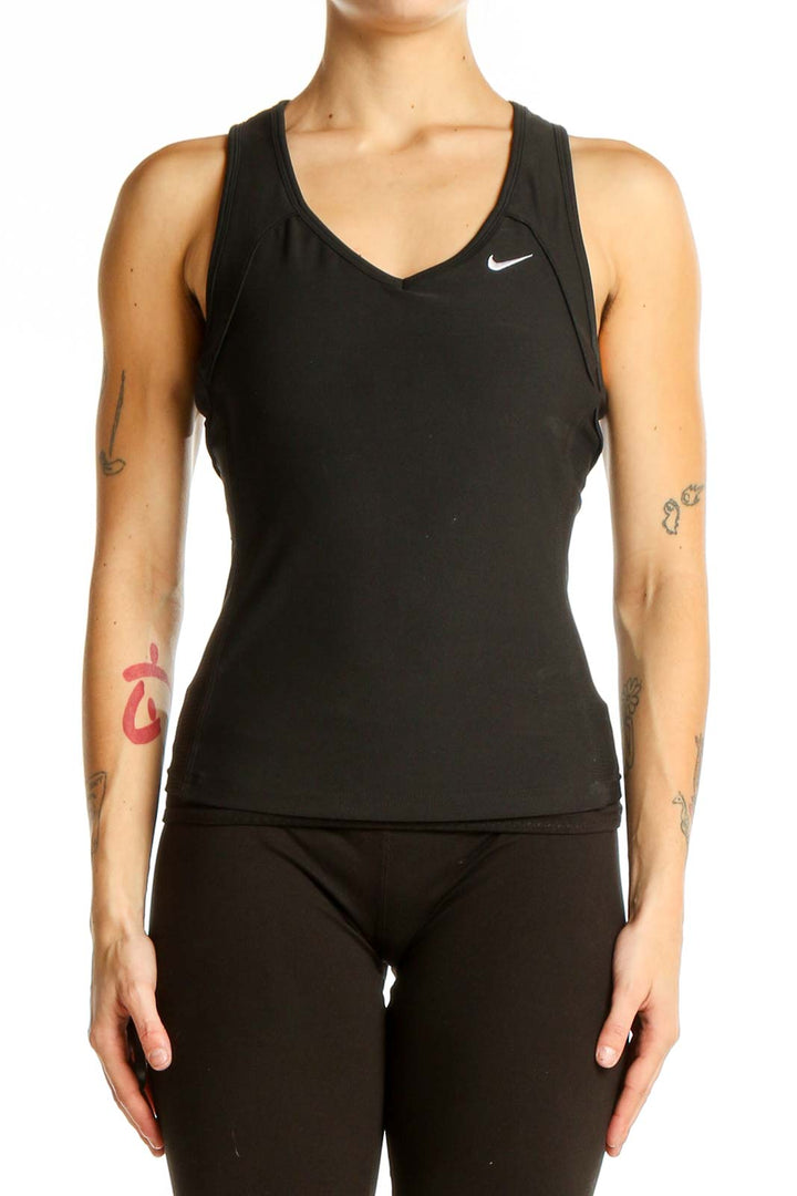 Front view of black Nike performance tank top with V-neck