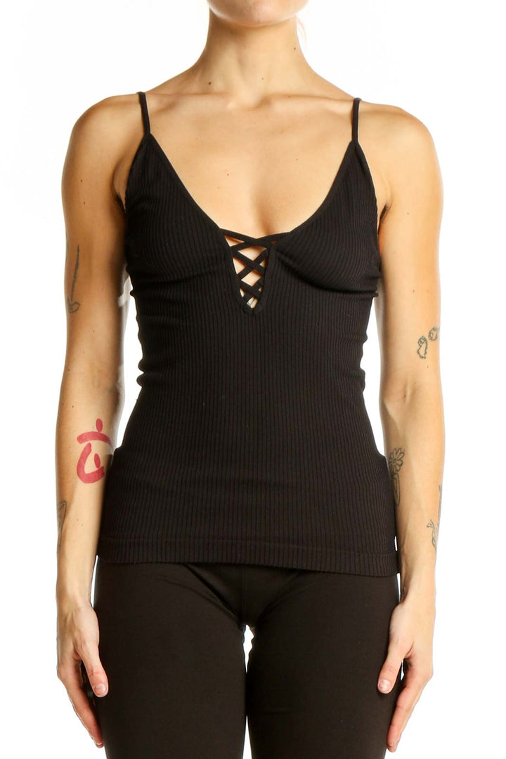 Front view of black ribbed lace-up camisole from Intimately Free People