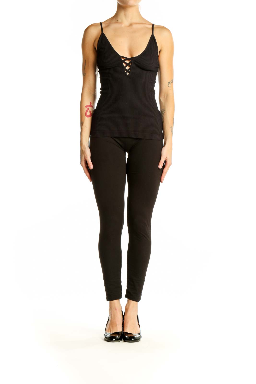 Front view of black ribbed lace-up camisole from Intimately Free People