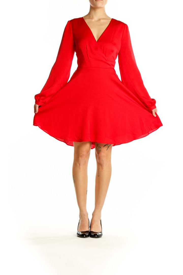 Front view of red Express mini dress with V-neck and flowy sleeves