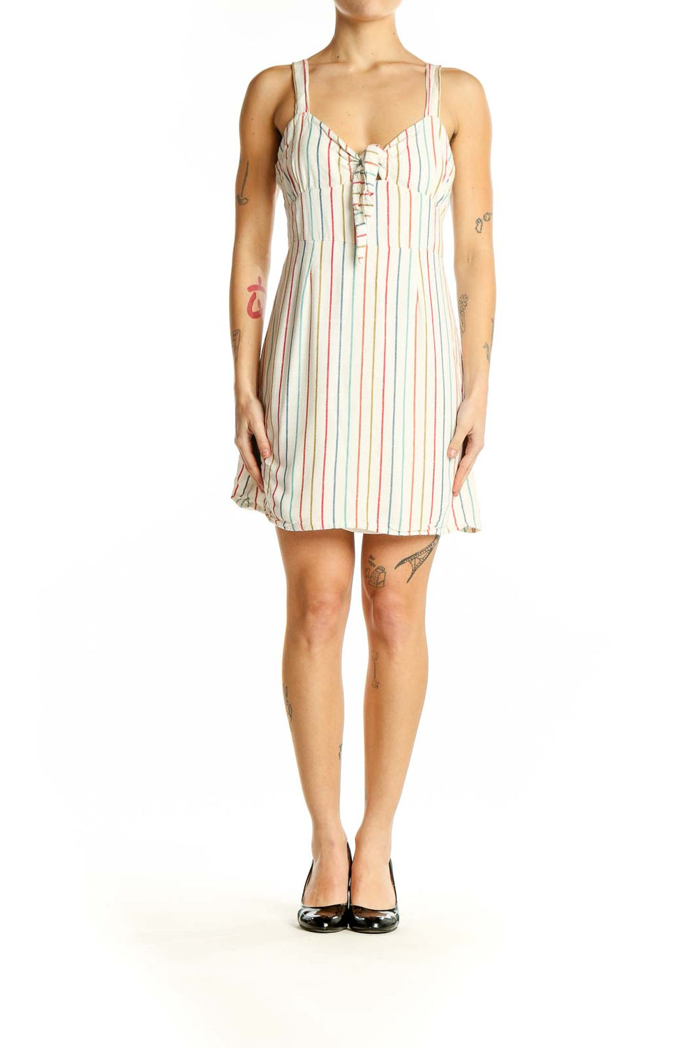 Front view of L.A. Hearts White Multicolor Striped Mini Dress with lace-up neckline