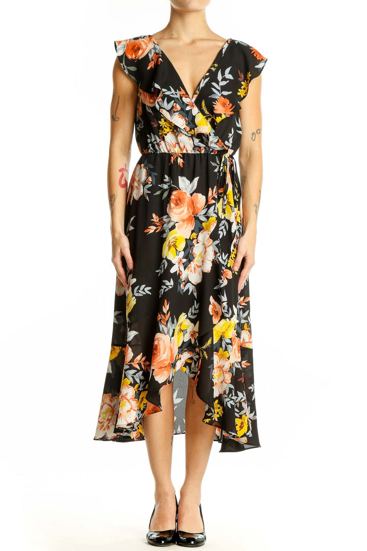 Front view of Socialite black floral wrap midi dress with V-neck and ruffled sleeves